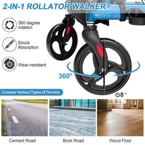 2 in 1 Folding Rollator Walker with Seat, Aluminum Medical Walker Transport Wheelchair with 8" Wheels & Bag, Mobility Walking Aid for Seniors
