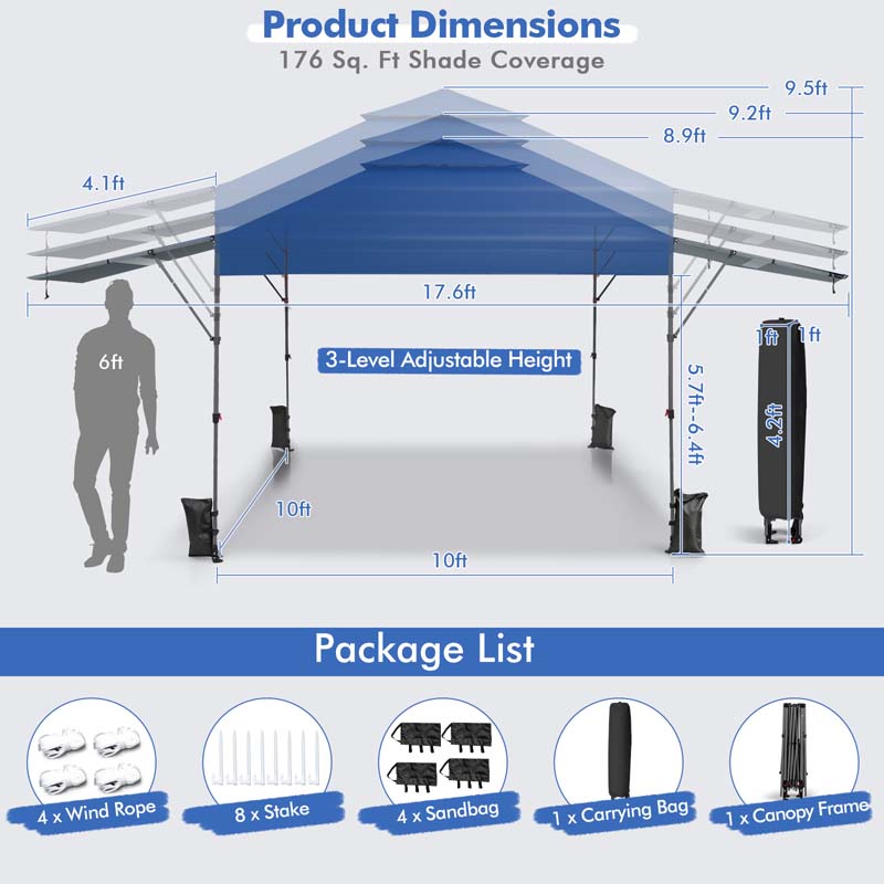 10 x 17.6 FT Instant Pop-up Canopy Tent with Adjustable Dual Awnings & Portable Wheeled Bag, UPF 50+ Outdoor Gazebo Shelter for Market, Picnic