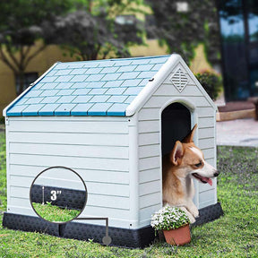 Waterproof Plastic Dog House with Elevated Floor & Air Vents for Small & Medium Dogs, Indoor Outdoor Dog Kennel Cat House Feeding Station