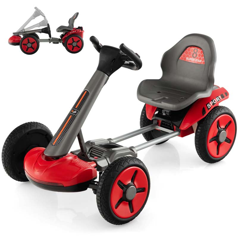 4-Wheel Folding Pedal Go Kart for Kids with 2-Position Adjustable Steering Wheel & Seat, 12V Battery Powered Ride On Pedal Car Toy