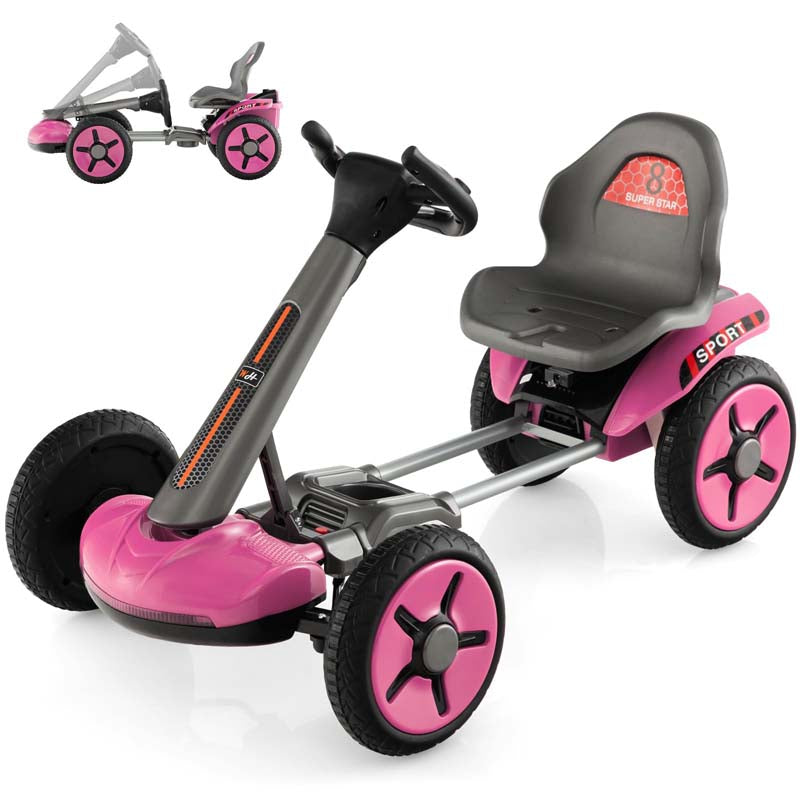 4-Wheel Folding Pedal Go Kart for Kids with 2-Position Adjustable Steering Wheel & Seat, 12V Battery Powered Ride On Pedal Car Toy