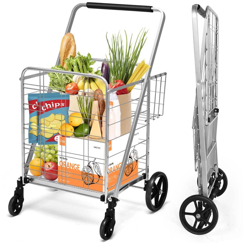330LBS Foldable Jumbo Shopping Cart w/ 360° Rolling Swivel Wheels & Double Basket, Heavy Duty Folding Utility Cart for Grocery Laundry Luggage