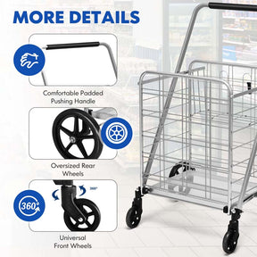 330LBS Foldable Jumbo Shopping Cart w/ 360° Rolling Swivel Wheels & Double Basket, Heavy Duty Folding Utility Cart for Grocery Laundry Luggage