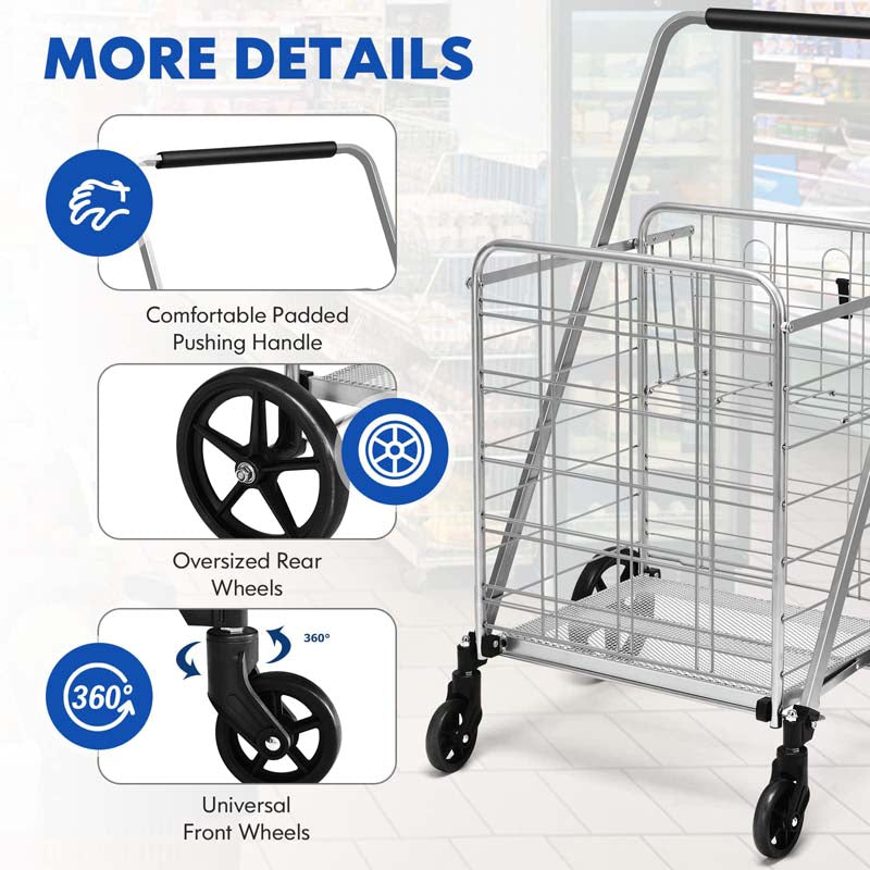 330LBS Foldable Jumbo Shopping Cart w/ 360° Rolling Swivel Wheels & Double Basket, Heavy Duty Folding Utility Cart for Grocery Laundry Luggage