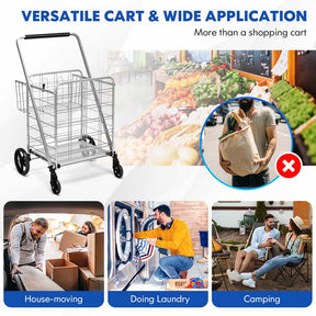 330LBS Foldable Jumbo Shopping Cart w/ 360° Rolling Swivel Wheels & Double Basket, Heavy Duty Folding Utility Cart for Grocery Laundry Luggage