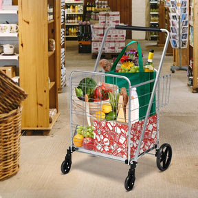 330LBS Foldable Jumbo Shopping Cart w/ 360° Rolling Swivel Wheels & Double Basket, Heavy Duty Folding Utility Cart for Grocery Laundry Luggage