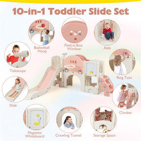10 in 1 Toddler Slide Set, Kids Slide and Climber Playset with Magnetic Whiteboard, Basketball Hoop & Ring Toss, Indoor Playground for Ages 3+