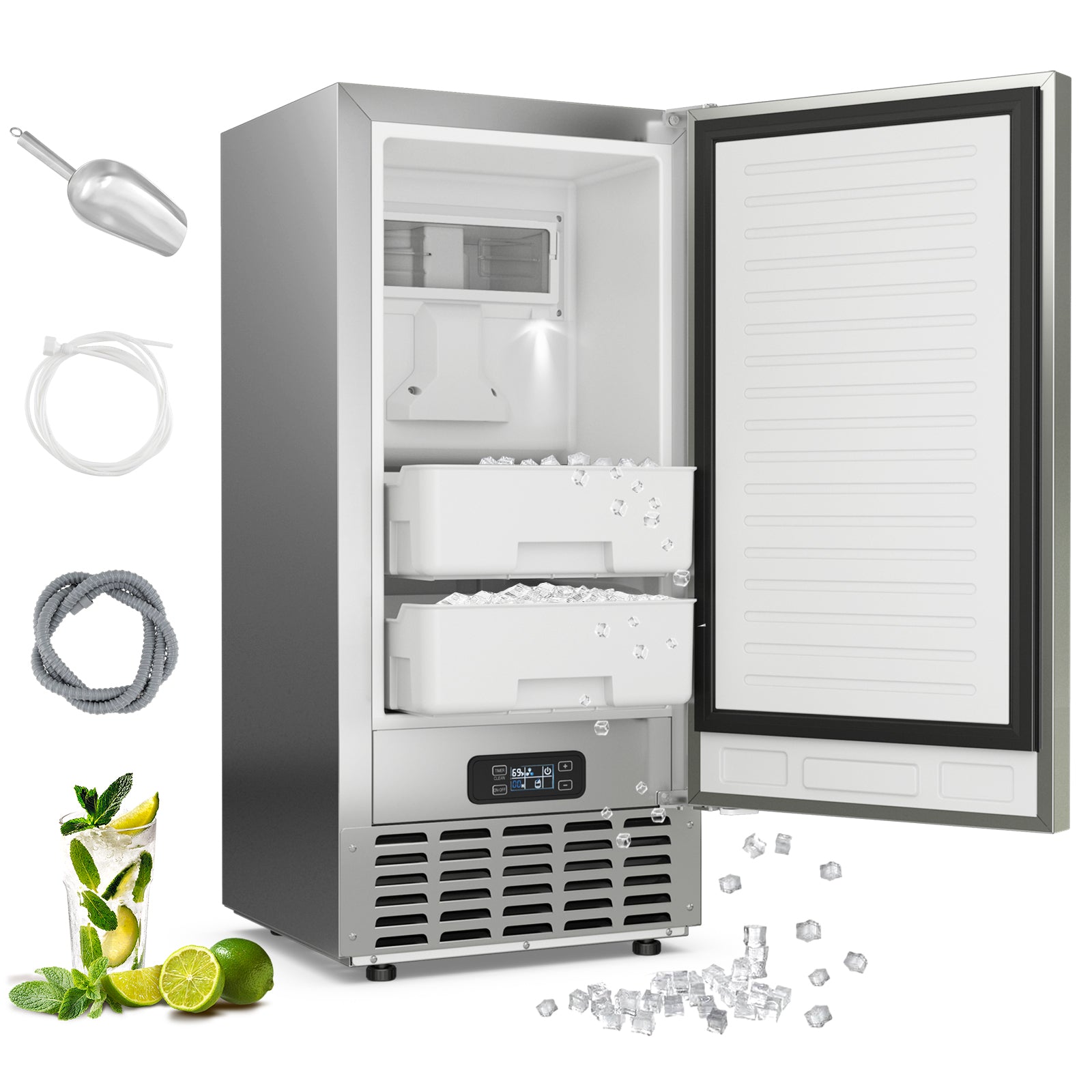 80 lbs/Day Under Counter Nugget Ice Maker, 15" Built-in Freestanding Ice Machine with Self-Cleaning, LCD Panel & 24H Timer for Home & Commercial Use