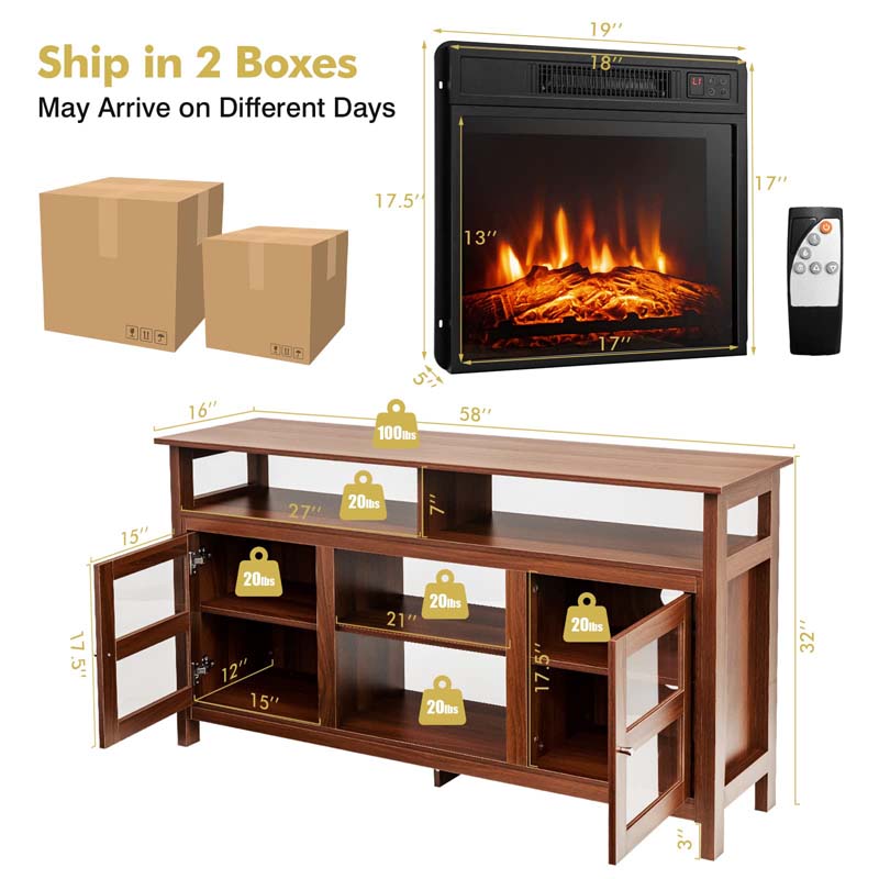 58" Electric Fireplace TV Stand for 65" TVs, Media Console with 18" 1400W Heater Insert, Thermostat, Adjustable 3D Flame & Storage Shelves