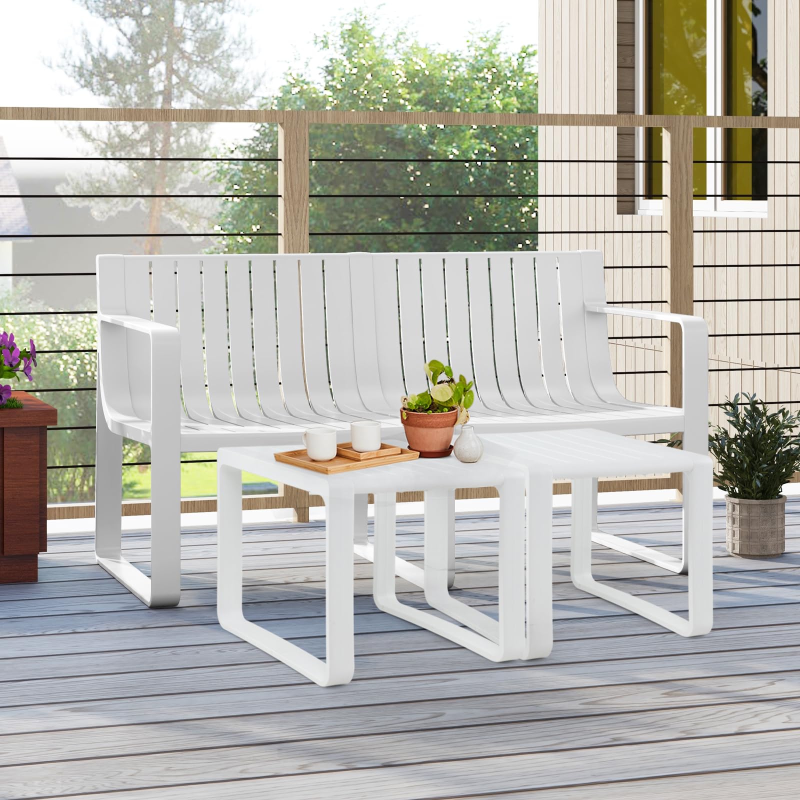 All-Weather Plastic Outdoor Patio Bench, 2-Person Garden Loveseat with Curved Backrest & Slatted Design for Backyard, Poolside, Deck