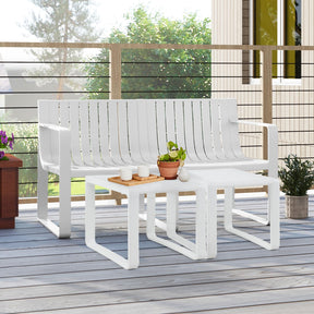 All-Weather Plastic Outdoor Patio Bench, 2-Person Garden Loveseat with Curved Backrest & Slatted Design for Backyard, Poolside, Deck