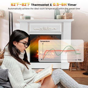 1400W Electric Fireplace Heater with Mantel, 32" Freestanding Fireplace Mantel w/ Remote Control, Thermostat & 6H Timer, Adjustable 3D Flame