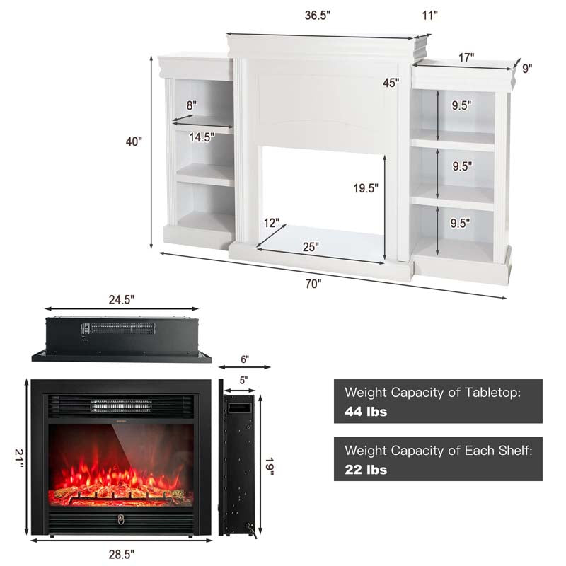 70" Electric Fireplace TV Stand with 28.5" 1500W Insert, Adjustable 3-Color Flame & Remote, Wood Media Console with Storage for Living Room