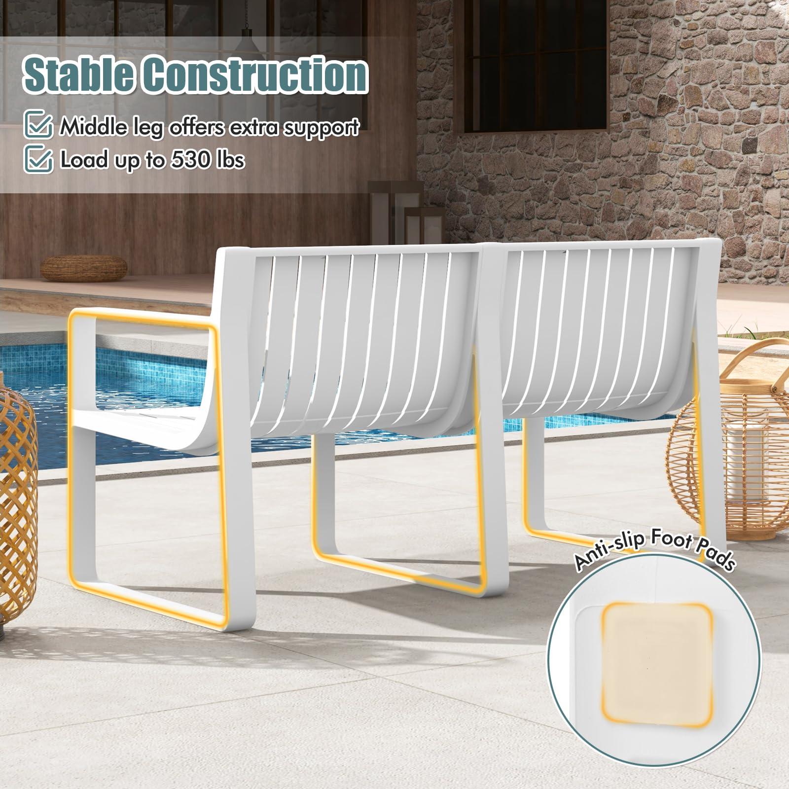 All-Weather Plastic Outdoor Patio Bench, 2-Person Garden Loveseat with Curved Backrest & Slatted Design for Backyard, Poolside, Deck