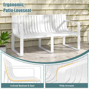All-Weather Plastic Outdoor Patio Bench, 2-Person Garden Loveseat with Curved Backrest & Slatted Design for Backyard, Poolside, Deck