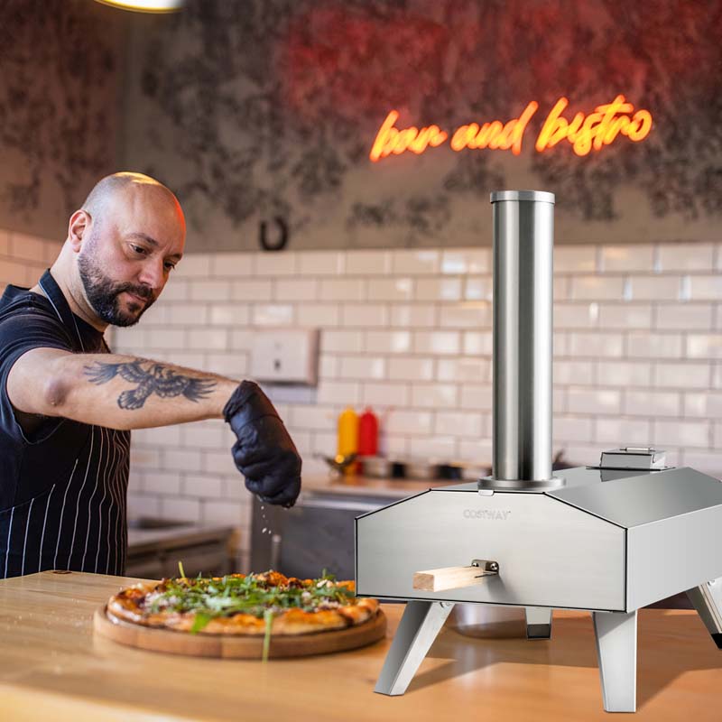 Wood Pellet Fired Outdoor Pizza Oven with 12'' Pizza Ston & Foldable Legs, Portable Stainless Steel Pizza Maker for Camping Picnic