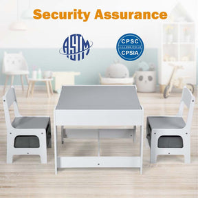 Kids Table & Chairs Set, 3-in-1 Wooden Toddler Activity Table with Storage, Reversible Tabletop & Blackboard for Art Craft, Drawing, Playroom