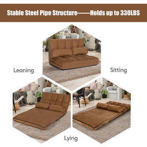6-Position Adjustable Floor Sofa Bed, Foldable Lazy Sleeper with 2 Pillows & Suede Cover, Convertible Futon Couch Bed for Living Room & Gaming