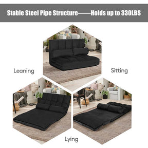 6-Position Adjustable Floor Sofa Bed, Foldable Lazy Sleeper with 2 Pillows & Suede Cover, Convertible Futon Couch Bed for Living Room & Gaming