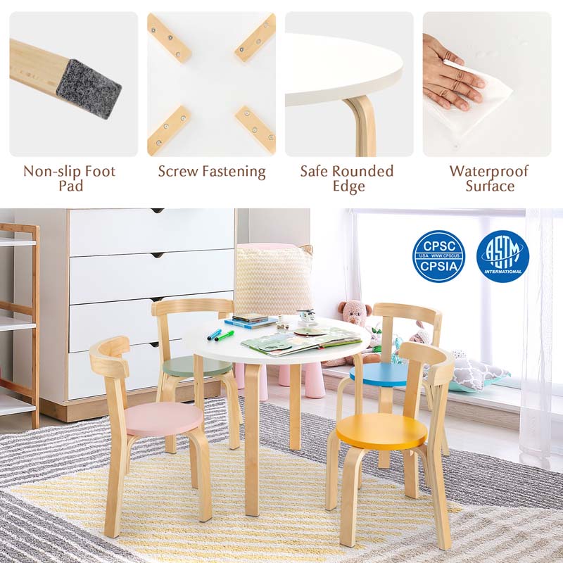 5 Piece Bentwood Kids Table & Chair Set, Toddler Activity Table with Toy Bricks & 4 Chairs for Craft Art, Daycare, Playroom & Classroom