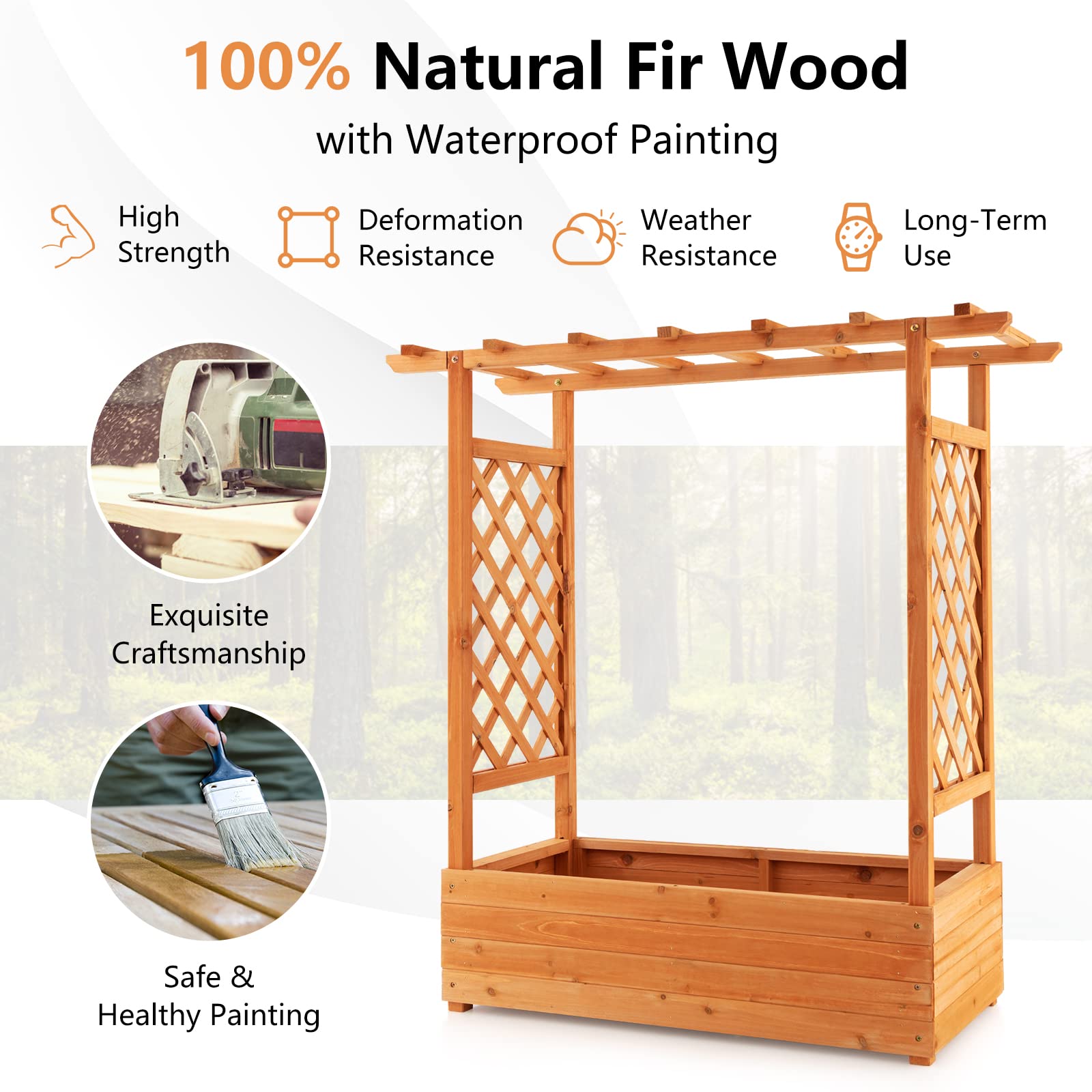 Raised Garden Bed with Arch Trellis & Hanging Roof, Freestanding Fir Wood Elevated Planter Box with Drainage Holes for Climbing Plants Flowers Vines