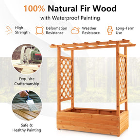Raised Garden Bed with Arch Trellis & Hanging Roof, Freestanding Fir Wood Elevated Planter Box with Drainage Holes for Climbing Plants Flowers Vines