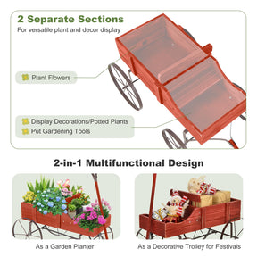 Rustic Wooden Wagon Planter, Decorative Garden Flower Cart with Metal Wheels & Adjustable Handle, Large Raised Bed Plant Stand for Patio Yard