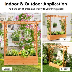 Raised Garden Bed with Arch Trellis & Hanging Roof, Freestanding Fir Wood Elevated Planter Box with Drainage Holes for Climbing Plants Flowers Vines