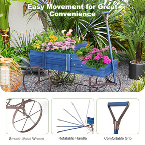 Rustic Wooden Wagon Planter, Decorative Garden Flower Cart with Metal Wheels & Adjustable Handle, Large Raised Bed Plant Stand for Patio Yard