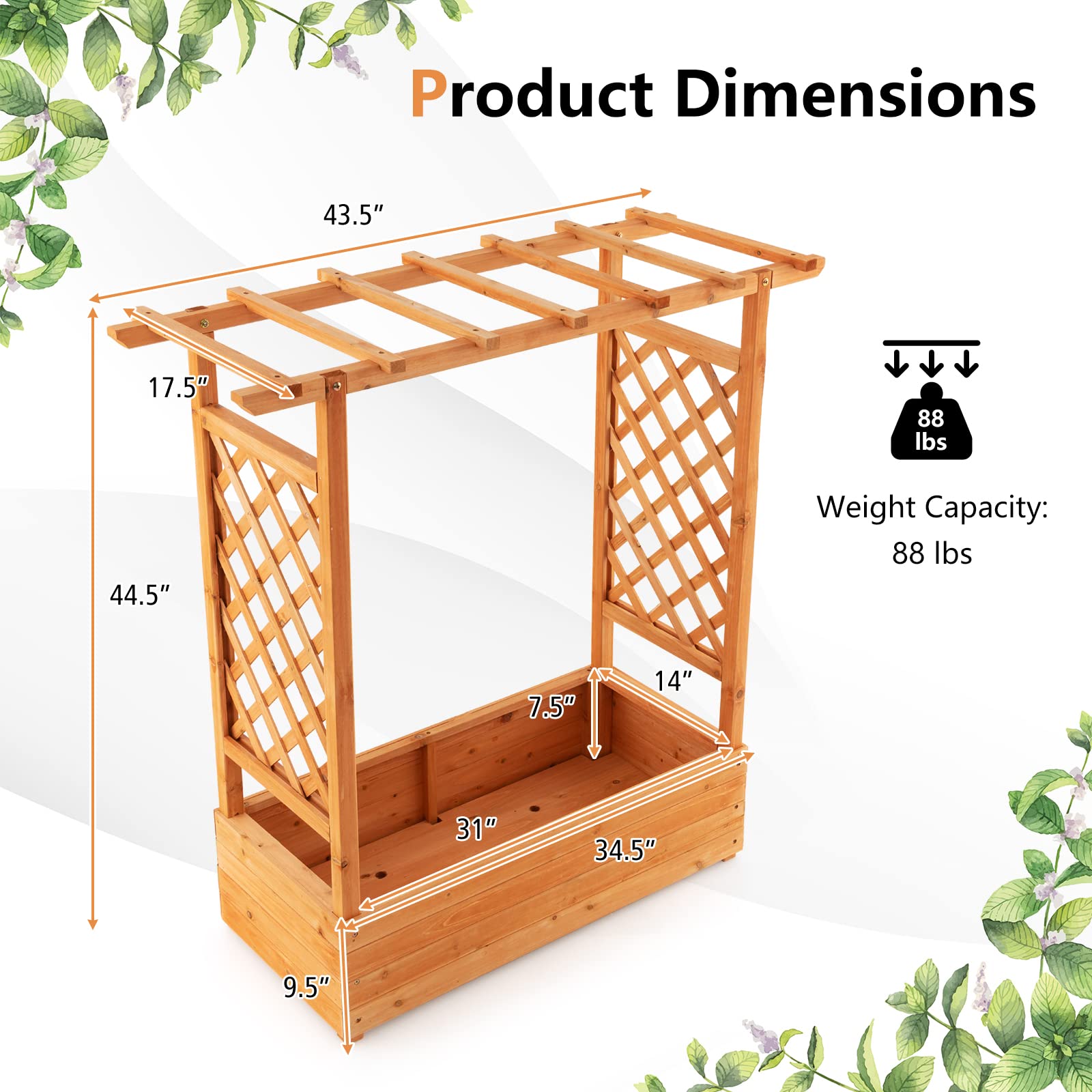 Raised Garden Bed with Arch Trellis & Hanging Roof, Freestanding Fir Wood Elevated Planter Box with Drainage Holes for Climbing Plants Flowers Vines