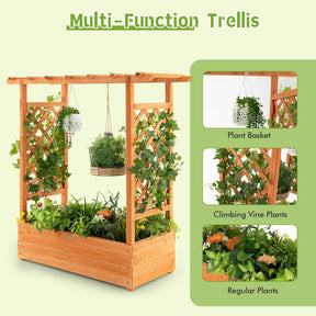 Raised Garden Bed with Arch Trellis & Hanging Roof, Freestanding Fir Wood Elevated Planter Box with Drainage Holes for Climbing Plants Flowers Vines