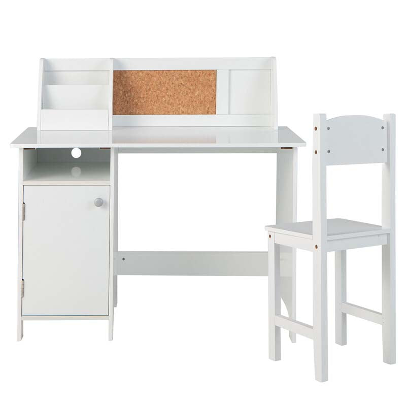 Kids Table and Chair Set, Wooden Study Table with Whiteboard, Cork Board, Storage Hutch & Cabinet, Student Computer Workstation for Bedroom