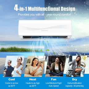 9000 BTU 17 SEER2 Mini Split Air Conditioner & Heater, 208-230V Wall-Mounted Inverter Ductless Split AC System with Heat Pump, Cools up to 450 Sq.Ft