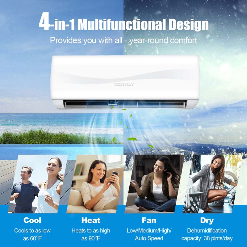 9000 BTU 17 SEER2 Mini Split Air Conditioner & Heater, 208-230V Wall-Mounted Inverter Ductless Split AC System with Heat Pump, Cools up to 450 Sq.Ft