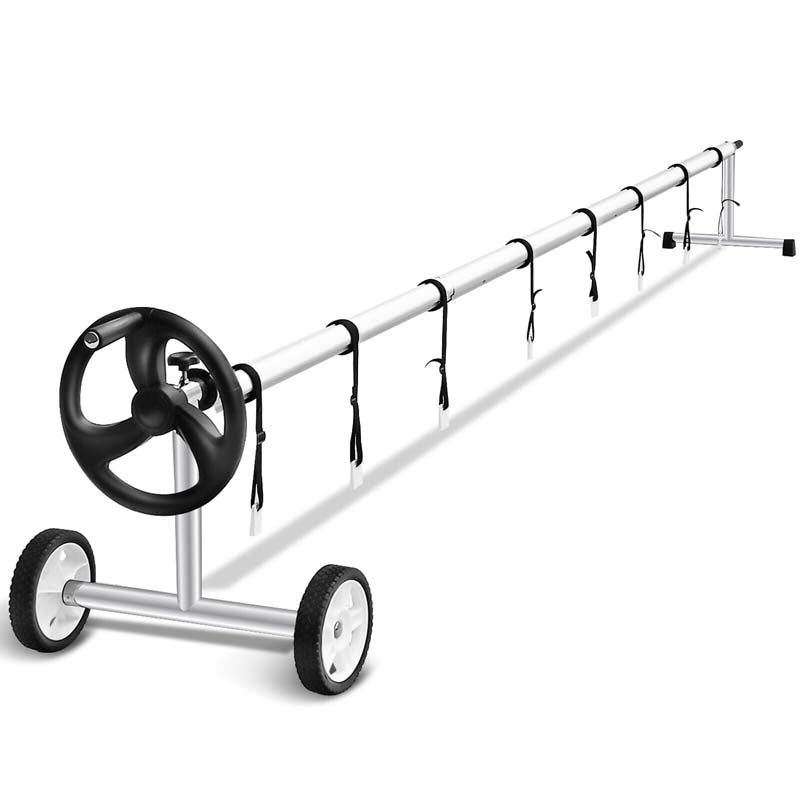18 FT Solar Pool Cover Reel Set with Hand Crank & Wheels, Aluminum Solar Swimming Inground Cover Blanket Reel Roller