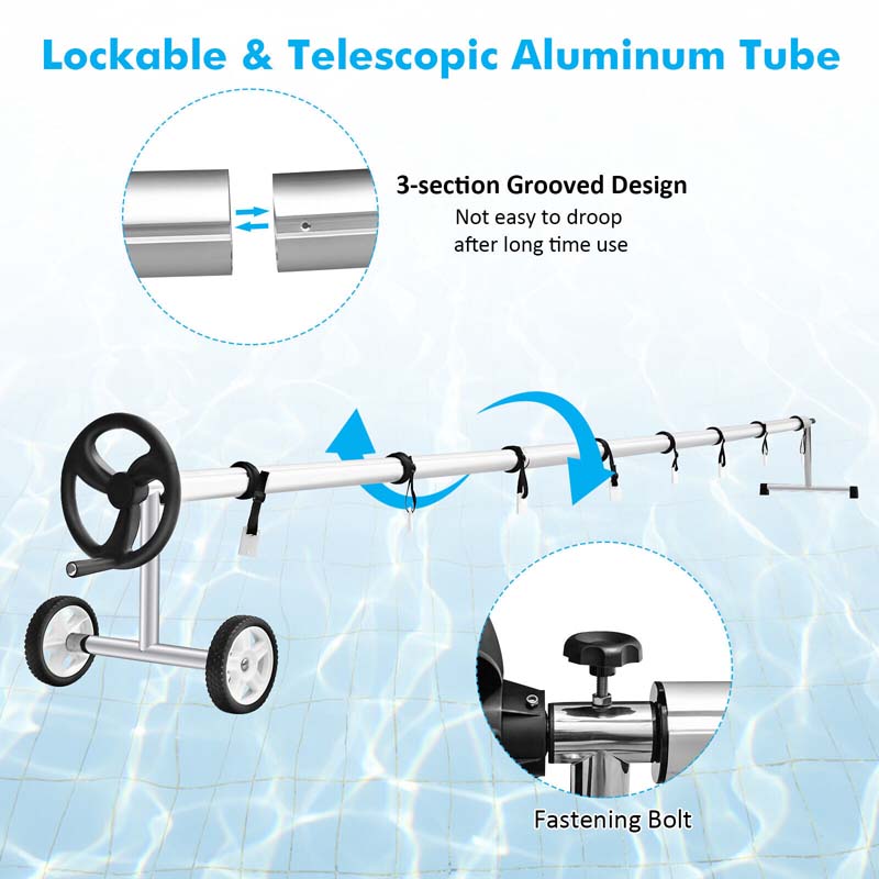 18 FT Solar Pool Cover Reel Set with Hand Crank & Wheels, Aluminum Solar Swimming Inground Cover Blanket Reel Roller