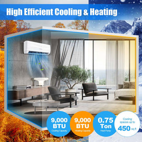 9000 BTU 17 SEER2 Mini Split Air Conditioner & Heater, 208-230V Wall-Mounted Inverter Ductless Split AC System with Heat Pump, Cools up to 450 Sq.Ft