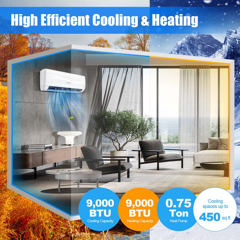 9000 BTU 17 SEER2 Mini Split Air Conditioner & Heater, 208-230V Wall-Mounted Inverter Ductless Split AC System with Heat Pump, Cools up to 450 Sq.Ft