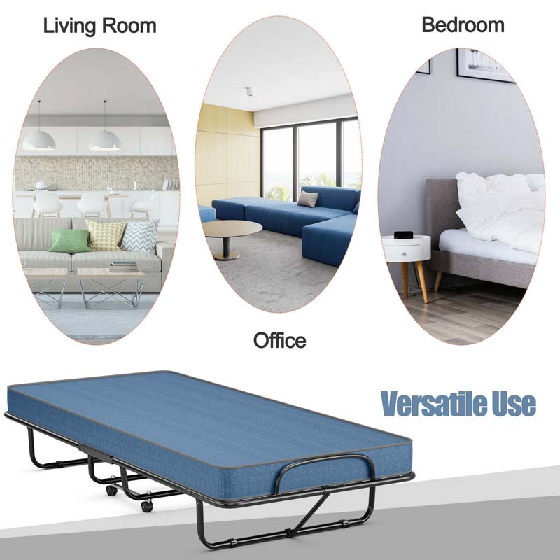 Twin Folding Bed w/ 5" Memory Foam Mattress, Portable Rollaway Guest Bed on Wheels, Heavy Duty Steel Frame, Space-Saving Design, Made in Italy