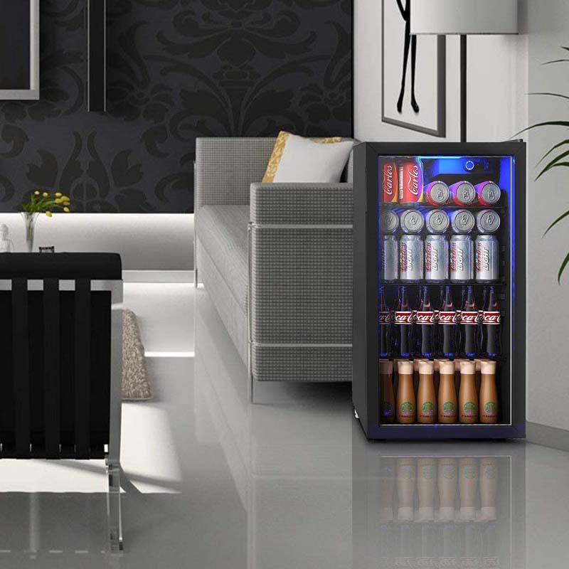 120 Can Beverage Refrigerator Cooler, 3.2 Cu.Ft Built-In & Freestanding Beer Wine Soda Drink Mini Fridge w/ Glass Door, LED Light, Adjustable Shelves
