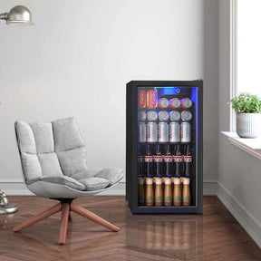 120 Can Beverage Refrigerator Cooler, 3.2 Cu.Ft Built-In & Freestanding Beer Wine Soda Drink Mini Fridge w/ Glass Door, LED Light, Adjustable Shelves