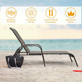 2 PCS Outdoor Chaise Lounges, 5-Position Adjustable Patio Reclining Chairs w/ Armrests, Heavy Duty Steel Sun Loungers for Pool, Yard, Beach
