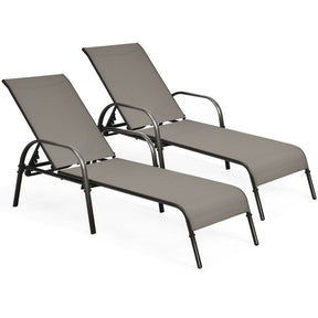 2 PCS Outdoor Chaise Lounges, 5-Position Adjustable Patio Reclining Chairs w/ Armrests, Heavy Duty Steel Sun Loungers for Pool, Yard, Beach