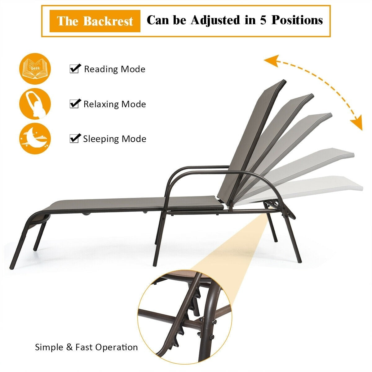 2 PCS Outdoor Chaise Lounges, 5-Position Adjustable Patio Reclining Chairs w/ Armrests, Heavy Duty Steel Sun Loungers for Pool, Yard, Beach