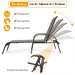2 PCS Outdoor Chaise Lounges, 5-Position Adjustable Patio Reclining Chairs w/ Armrests, Heavy Duty Steel Sun Loungers for Pool, Yard, Beach