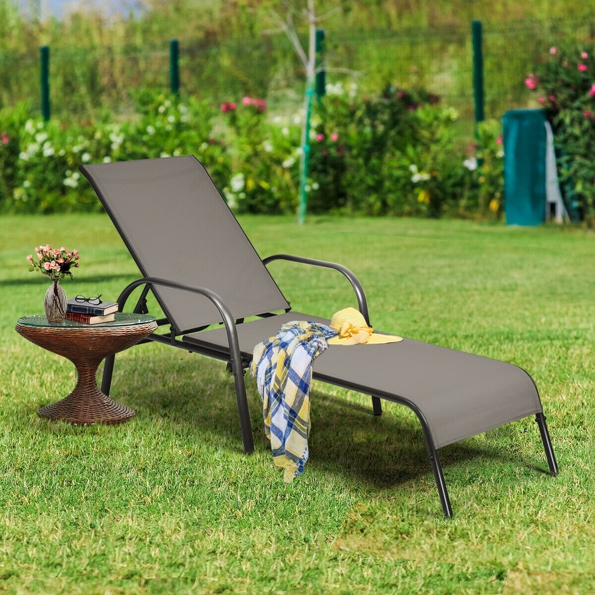 2 PCS Outdoor Chaise Lounges, 5-Position Adjustable Patio Reclining Chairs w/ Armrests, Heavy Duty Steel Sun Loungers for Pool, Yard, Beach
