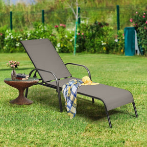 2 PCS Outdoor Chaise Lounges, 5-Position Adjustable Patio Reclining Chairs w/ Armrests, Heavy Duty Steel Sun Loungers for Pool, Yard, Beach