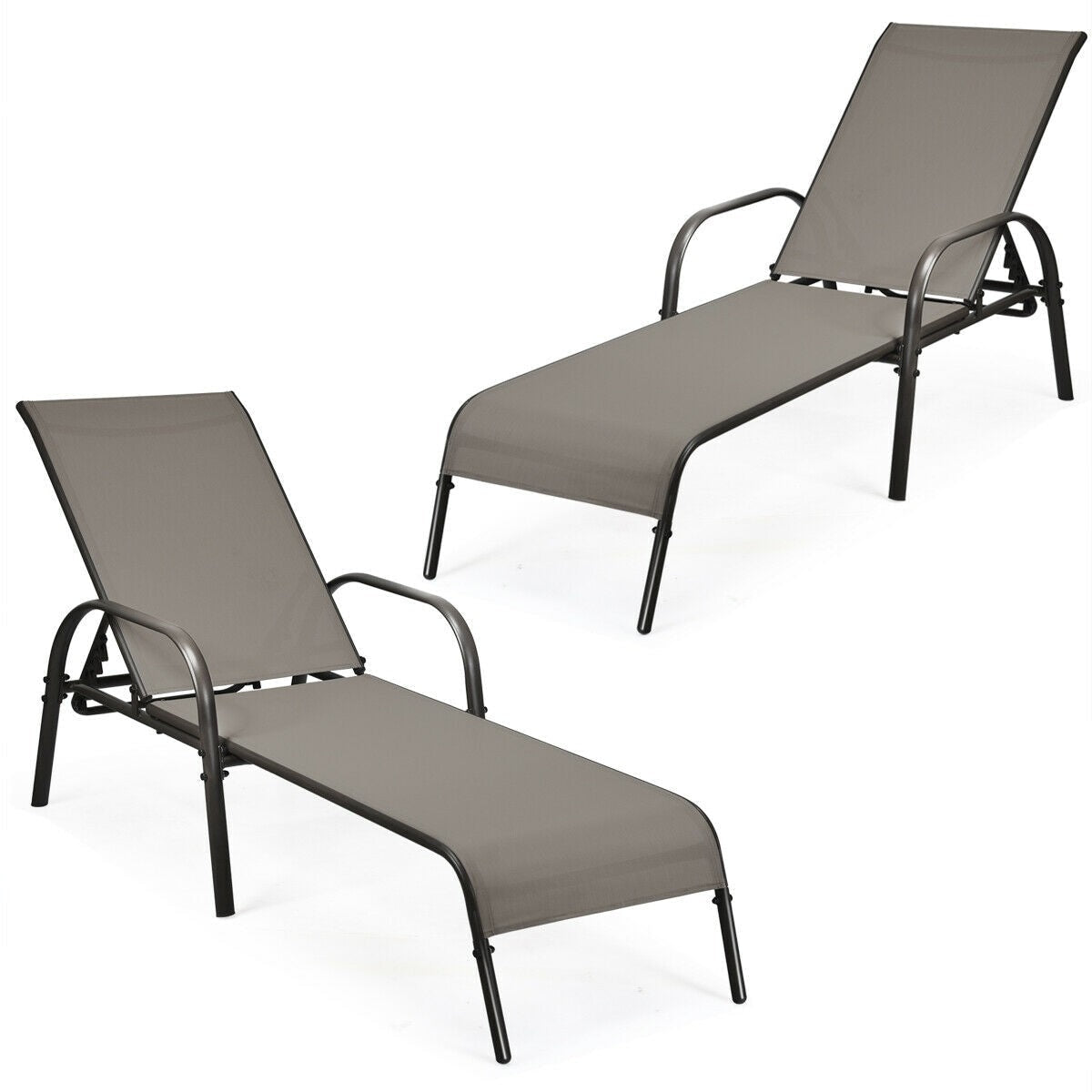 2 PCS Outdoor Chaise Lounges, 5-Position Adjustable Patio Reclining Chairs w/ Armrests, Heavy Duty Steel Sun Loungers for Pool, Yard, Beach