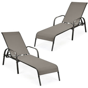 2 PCS Outdoor Chaise Lounges, 5-Position Adjustable Patio Reclining Chairs w/ Armrests, Heavy Duty Steel Sun Loungers for Pool, Yard, Beach