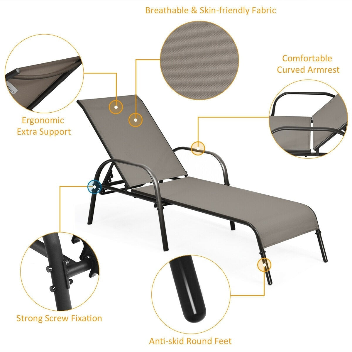 2 PCS Outdoor Chaise Lounges, 5-Position Adjustable Patio Reclining Chairs w/ Armrests, Heavy Duty Steel Sun Loungers for Pool, Yard, Beach